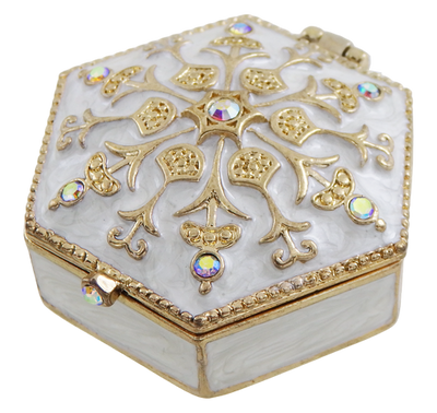 Elegante Metall-Geschenkbox mit Kristallen B0035-08WH, Weiß-Gold, personalisierbare Gravur, ideal für Schmuck und Kleinigkeiten, 5x5x2 cm  