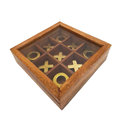 Elegantes Tic-Tac-Toe im Glasdeckel-Kästchen mit Gravurpersonalisierung - Luxuriöses Set aus Holz und Messing, ideal als Geschenk für Lehrer und Schulleiter - Maße 12,5 x 12,5 x 2,5 cm