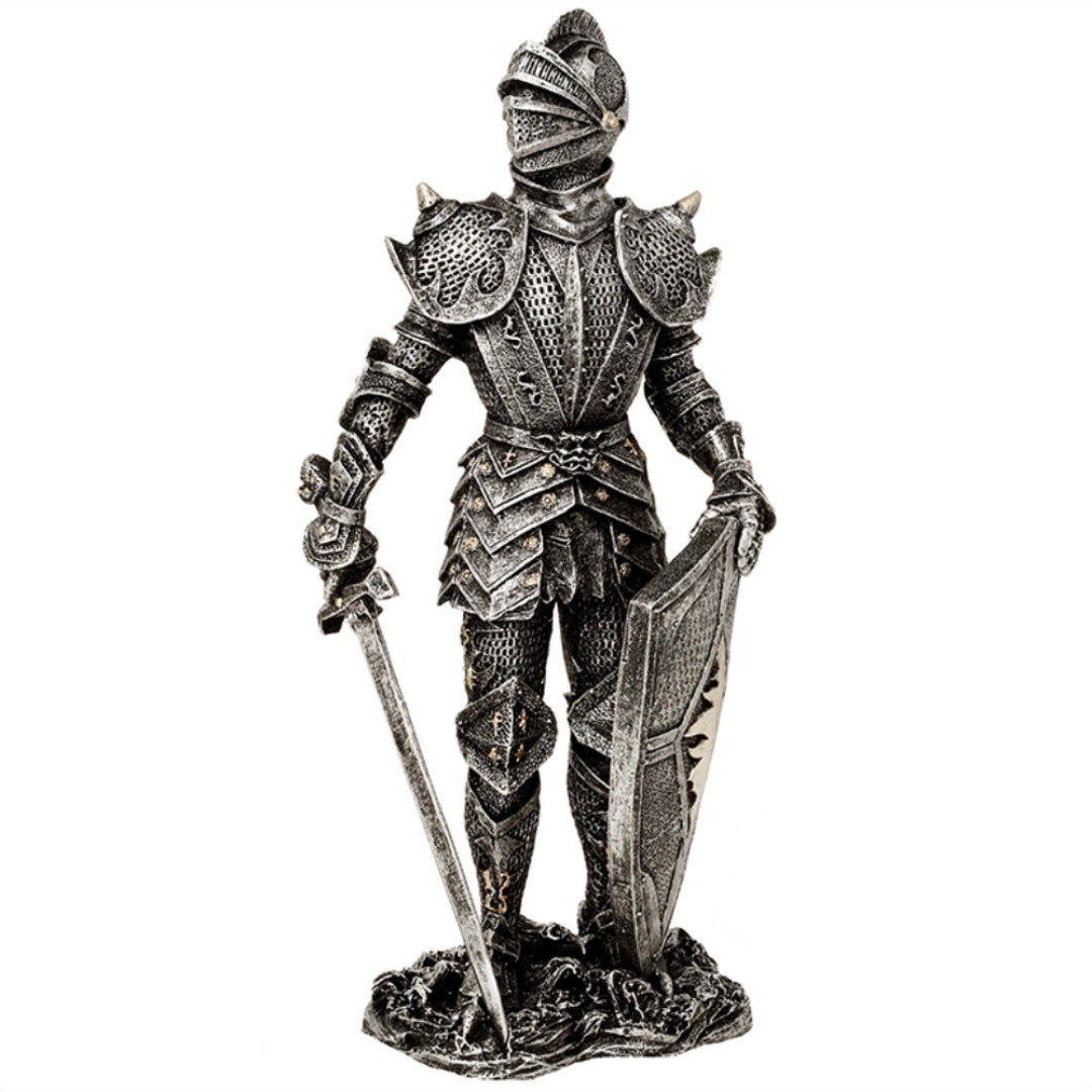 Dekorative Figur Ritter in silberner Rüstung 30 cm mit Gravur-Personalisierung – Elegantes Geschenk für Geschichts- und Fantasy-Liebhaber, handbemalt aus Polyresin  