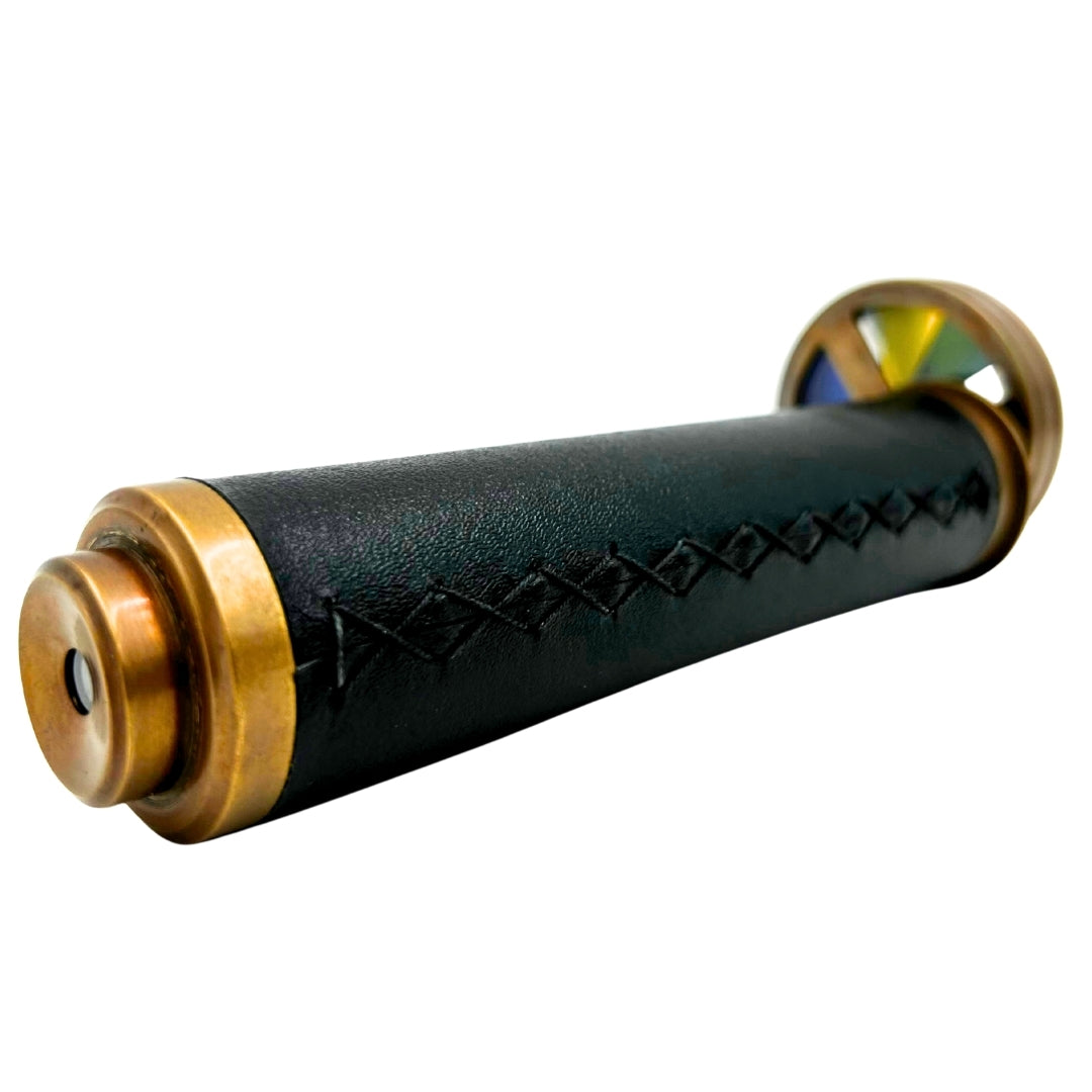 Retro-Kaleidoskop aus Messing und Leder mit personalisierbarer Gravur – elegantes Geschenk, Höhe 18 cm, Durchmesser 5,5 cm