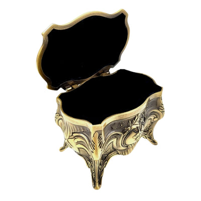 Goldene Retro-Metall-Schmuckschatulle mit personalisierbarer Gravur – elegant und reich verziert, ideal als Geschenk – Maße: 10,8 x 7,7 x 9,2 cm, massiv und eindrucksvoll, perfekt zur Aufbewahrung wertvoller Gegenstände