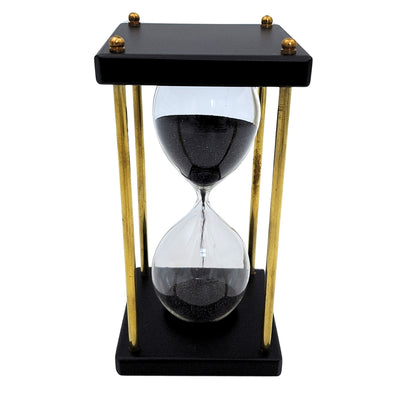 Messing-Holz-Sanduhr 5 Minuten mit schwarzem Sand und personalisierbarer Gravur – elegante Retro-Dekoration als Geschenk, Höhe 16 cm