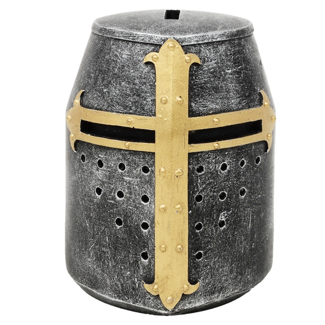 Spardose Ritterhelm Kreuzritter mit Gravur-Personalisierung – einzigartiges mittelalterliches Geschenk, Höhe 10 cm, handbemalt aus Polyresin  