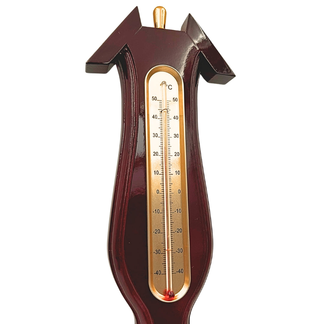 Elegante 3-in-1 Wetterstation mit Gravur – Thermometer, Barometer, Hygrometer in dunklem Holz, 40 cm