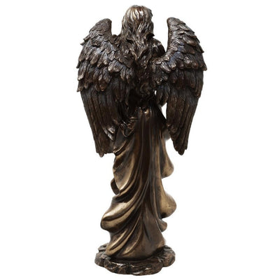 Figur Fortuna, Göttin des Glücks und Reichtums, 29 cm mit Füllhorn – personalisierte Gravur als Geschenk, elegante Dekoration aus Harz-Konglomerat in Braun- und Kupfertönen