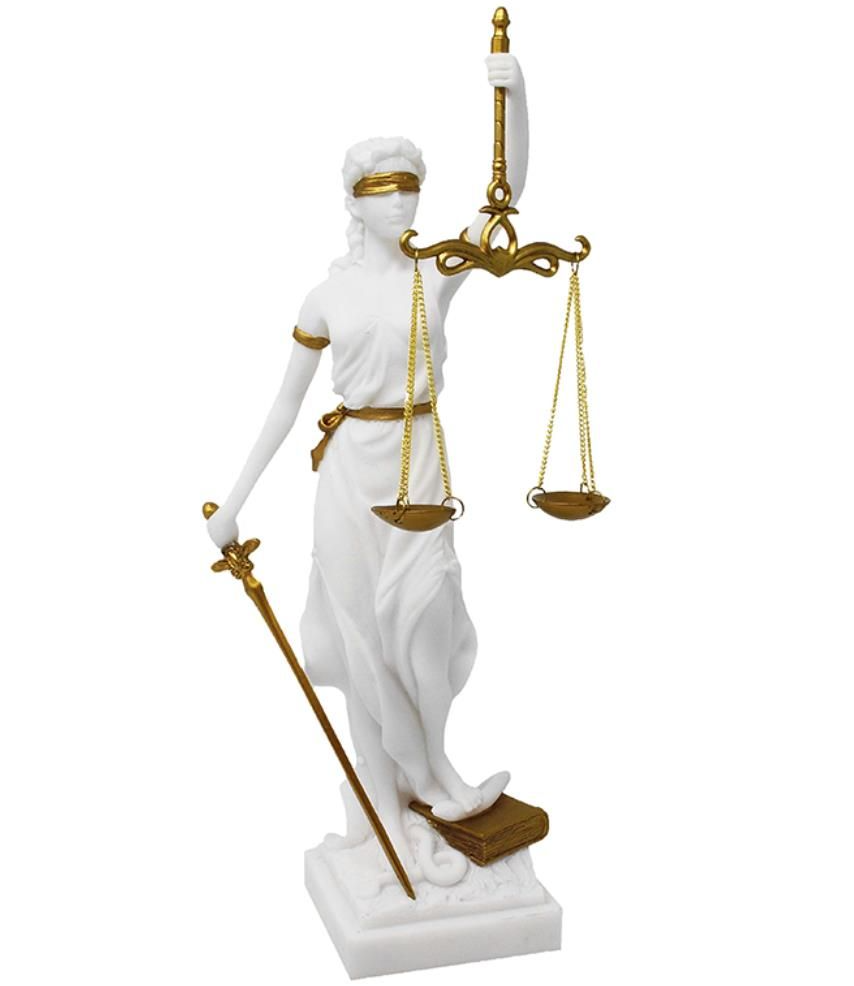 Figur der Themis mit der Möglichkeit einer personalisierten Gravur - elegantes Geschenk für Juristen, Richter oder Jurastudenten, weiß mit goldenen Akzenten, Höhe 35 cm, handbemalt aus Polyresin