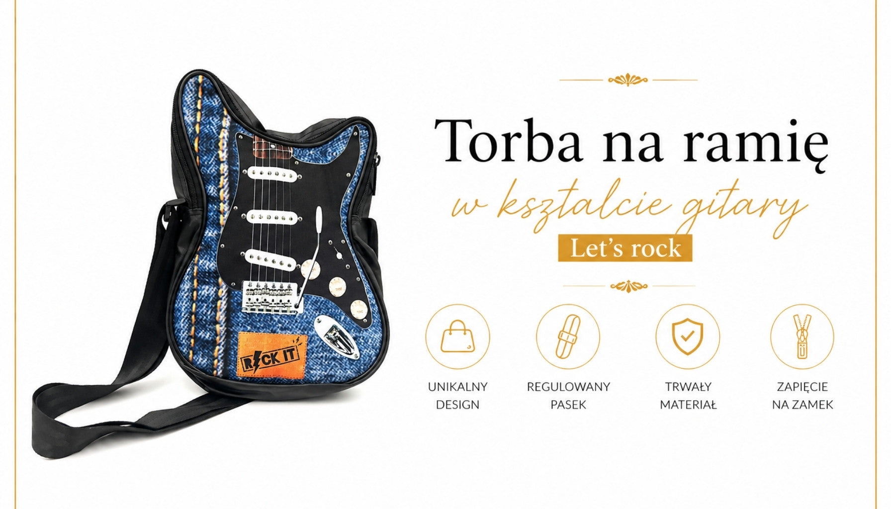 Schultertasche in Gitarrenform Let’s Rock RBG-019 mit Möglichkeit der Personalisierung durch Gravur, wasserdicht, ideal als Geschenk für Musiker, 100 % PVC und Polyester, Maße 34 x 23 x 5 cm