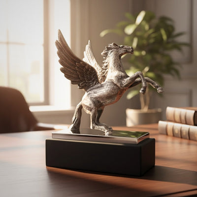 Dekorative Pegasusfigur aus Aluminium auf Stahl-Holz-Sockel, personalisierte Gravur, elegantes Geschenk für Liebhaber der griechischen Mythologie, Höhe 36 cm, silberfarben mit schwarzem Sockel