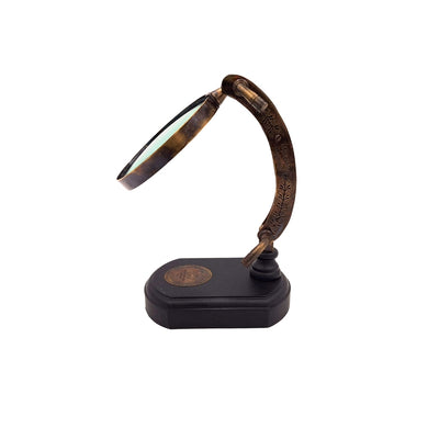 Elegante Lupe auf Holzsockel mit Verstellung, Möglichkeit der Personalisierung durch Gravur, ideal als Geschenk, Höhe 20 cm, Vergrößerungsglas 10 cm, Messinggehäuse und -arm