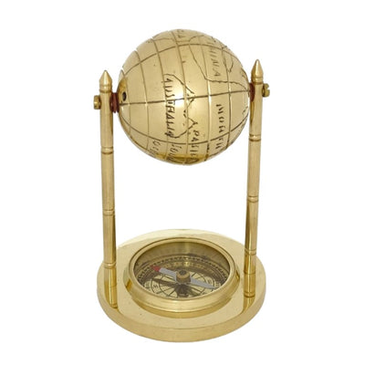 Dekorativer Messingglobus mit Kompass und personalisierbarer Gravur, goldfarben, Höhe 12,5 cm