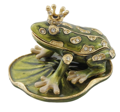 Exklusive Metall-Geschenkbox in Froschform mit Kristallen, dunkelgrün und gold, personalisierbare Gravur, ideales Geschenk, Maße 6,5x6,7x4,5 cm  