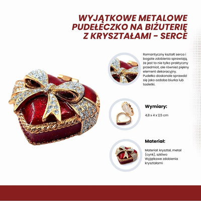 Metall-Schmuckbox in Herzform mit Kristallen, rot-gold-silber, personalisierbare Gravur, ideales romantisches Geschenk, Maße 4,8 x 4 x 2,5 cm  