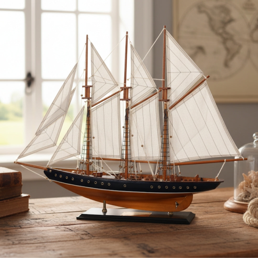 Modell des Schoners Atlantic 72 cm – Replik des legendären Schiffes mit personalisierbarer Gravur – ideales Geschenk für Segelliebhaber – aus Holz mit Stoffsegeln gefertigt