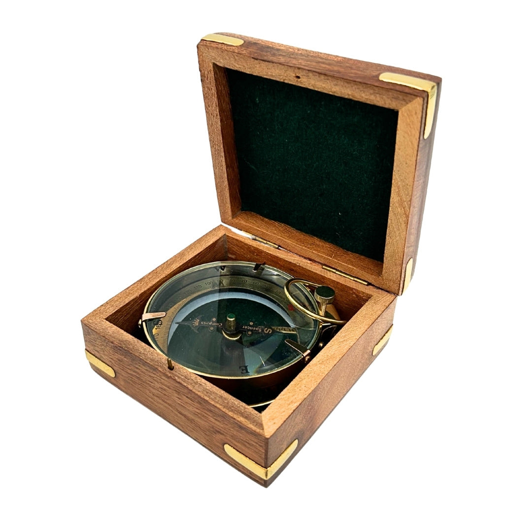 Messing-Kompass Map Reader mit Gravur in Retro-Holzkiste