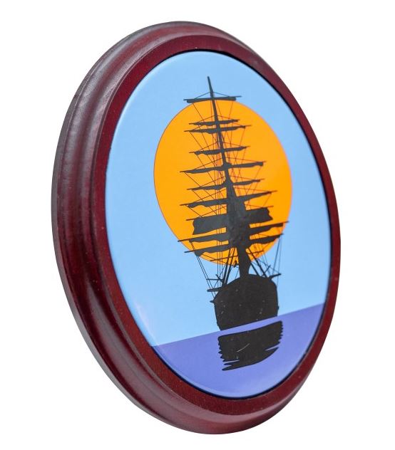 Emaille-Schild Segelschiff bei Sonnenuntergang mit Holzrahmen
