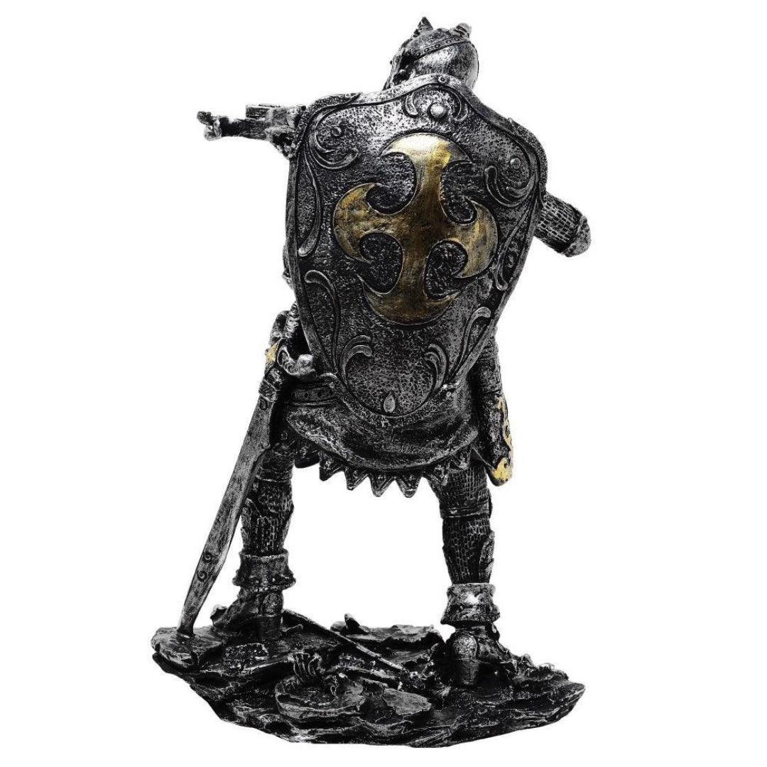 Figur Mittelalterlicher Ritter mit Armbrust 20 cm mit personalisierbarer Gravur - Silber-goldene Dekoration als Geschenk für Geschichts- und Fantasy-Fans - Handbemalt aus Polyresin