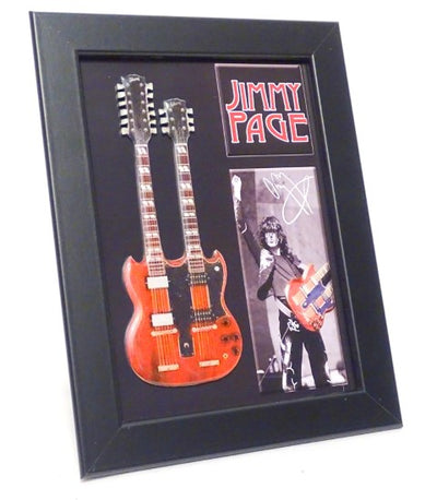 Mini Double Neck Gitarre im Stil von Jimmy Page FMG-011 mit individueller Gravurmöglichkeit, ideal als Geschenk – Holzrahmen 1,3 cm x 16 cm x 21,4 cm, Stahlkonstruktion  