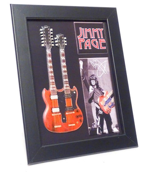 Mini Double Neck Gitarre im Stil von Jimmy Page FMG-011 mit individueller Gravurmöglichkeit, ideal als Geschenk – Holzrahmen 1,3 cm x 16 cm x 21,4 cm, Stahlkonstruktion  