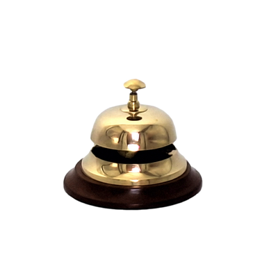 Messing-Hotelgong auf Holzsockel TB27/4 mit der Möglichkeit der Personalisierung durch Gravur, elegantes Geschenk in Gold- und Braunfarben, Höhe 11 cm, Durchmesser 12 cm