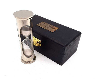Messing-Sanduhr Retro mit Holzkiste – personalisierte Gravur – ideales Geschenk für 1 Minute – Höhe 8,5 cm – stilvolle Schreibtischdekoration