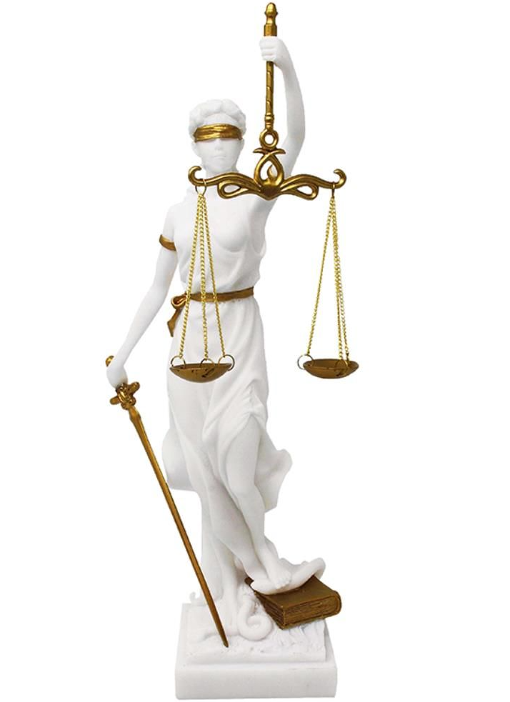 Figur der Themis mit der Möglichkeit einer personalisierten Gravur - elegantes Geschenk für Juristen, Richter oder Jurastudenten, weiß mit goldenen Akzenten, Höhe 35 cm, handbemalt aus Polyresin