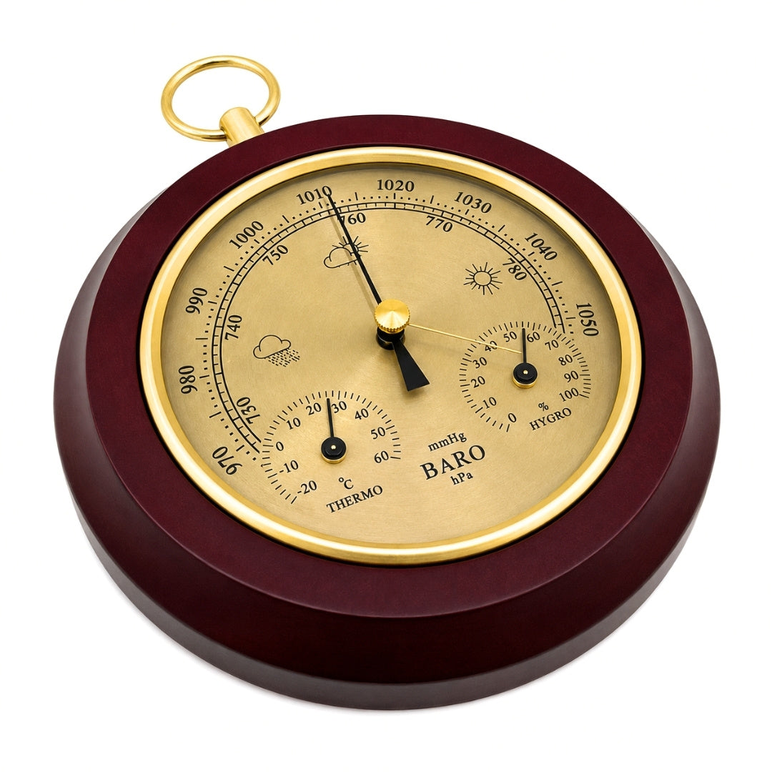 3-in-1 Wetterstation YG386 mit Gravur - Elegantes Thermometer, Barometer und Hygrometer in rundem Holzgehäuse