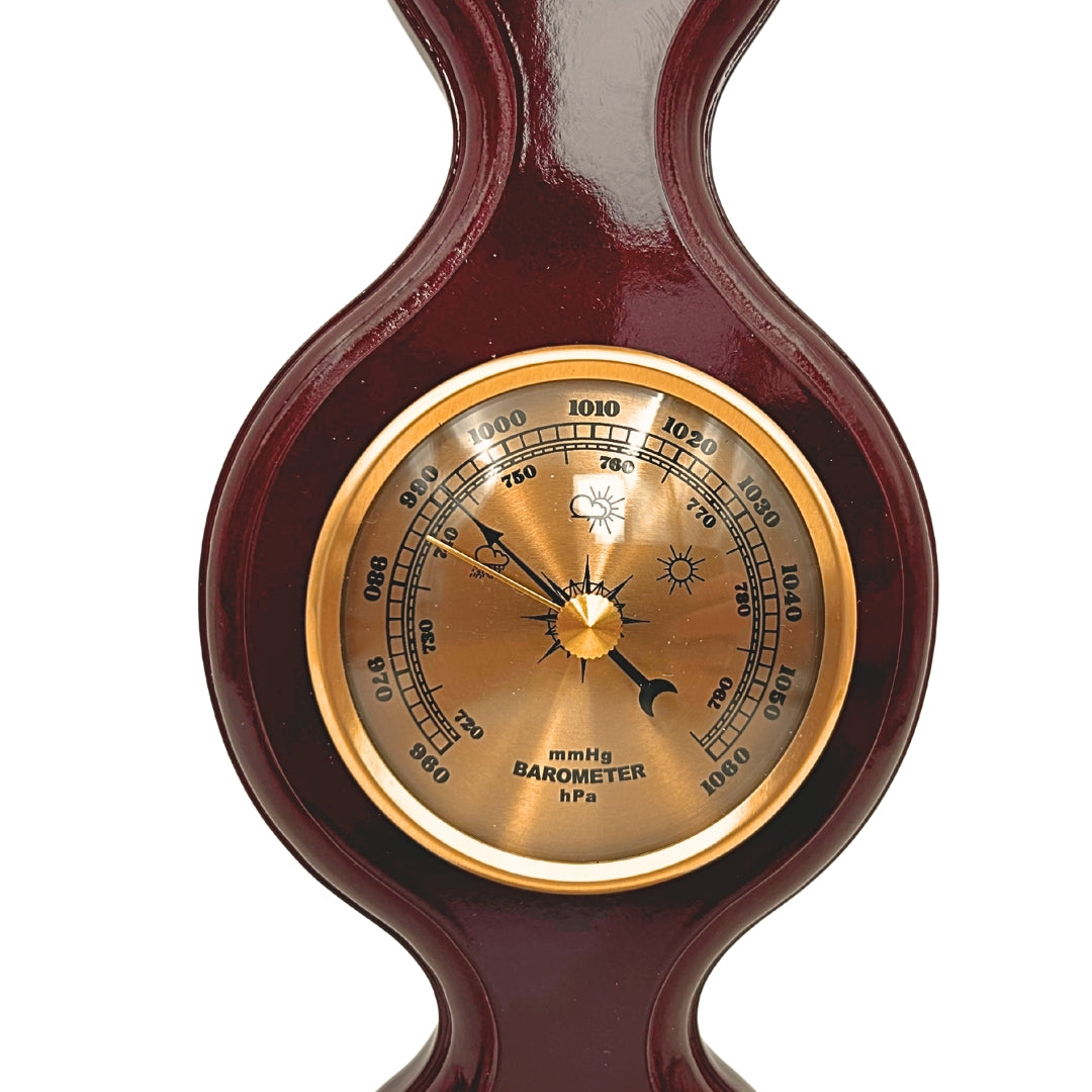 Elegante 3-in-1 Wetterstation mit Gravur – Thermometer, Barometer, Hygrometer in dunklem Holz, 40 cm