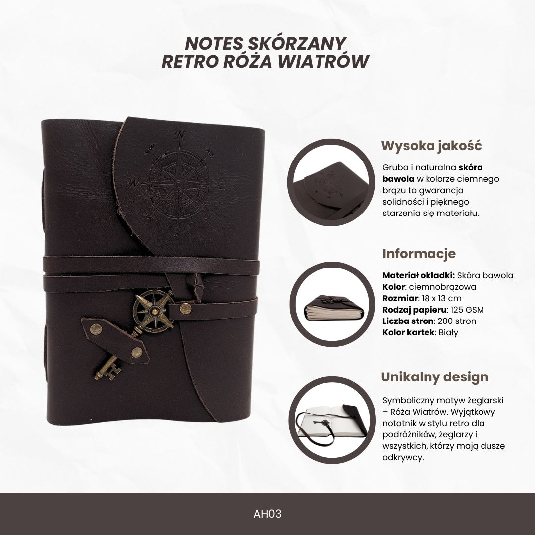 Retro Leder-Notizbuch Windrose 200 Seiten mit Personalisierung durch Gravur