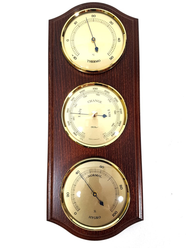 Wetterstation Fischer 9176-22 mit Barometer, Hygrometer und Thermometer in einem Messingrahmen auf Mahagonibasis mit Option zur personalisierten Gravur