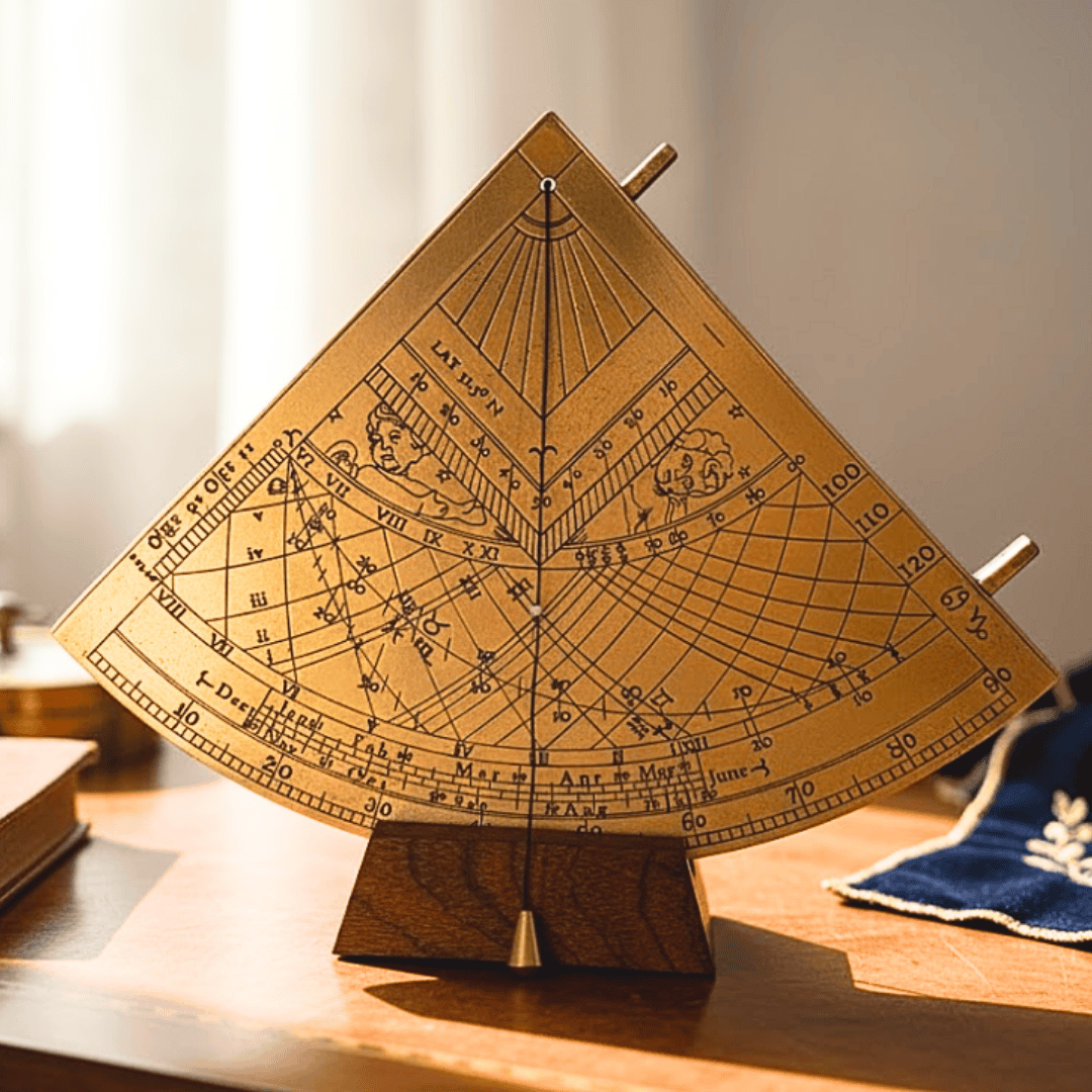 Messing-Sonnenuhr-Quadrant Gunter H39 mit Holzsockel, personalisierbare Gravur, ideales Geschenk für Astronomie-Liebhaber, Höhe 17 cm, elegante Geschenkverpackung