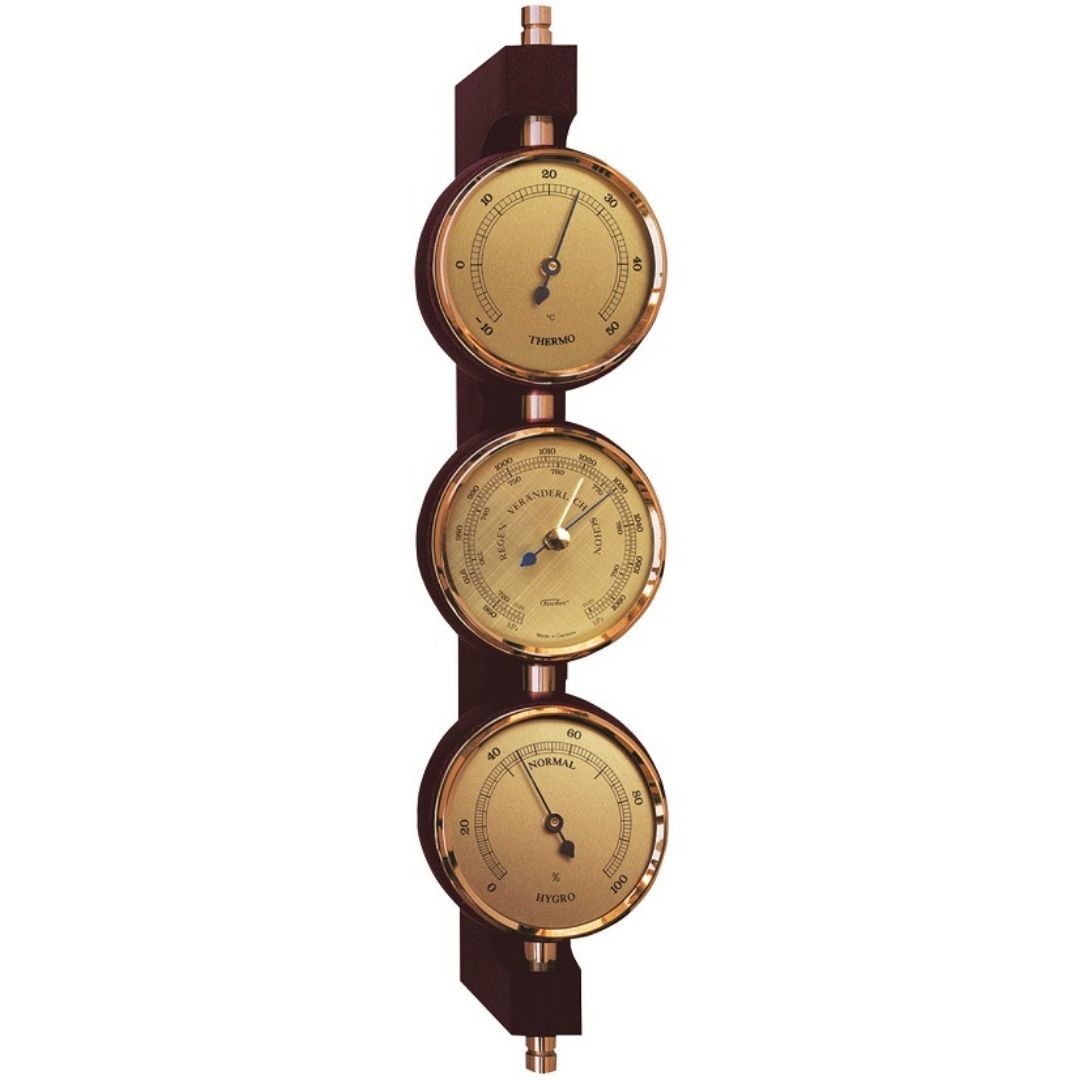 Exklusive Wetterstation Fischer 7894-22 aus Messing und Mahagoni mit personalisierter Gravur - Barometer, Thermometer und Hygrometer als Geschenk im klassischen Stil, Maße 29x7,3 cm