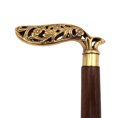 Eleganter zusammenklappbarer Holzstock mit reich verziertem Griff in Braun und Gold mit der Möglichkeit einer personalisierten Gravur