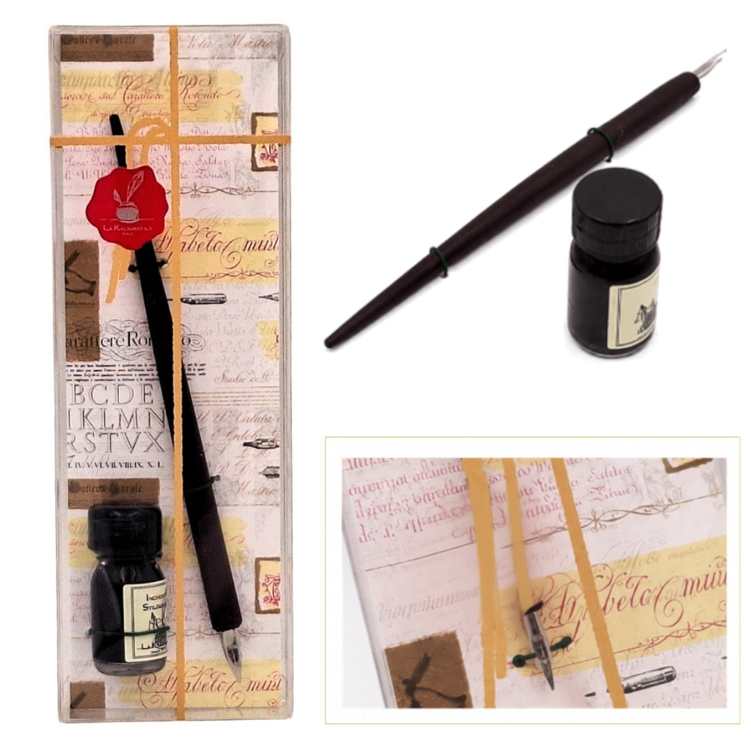 Elegantes Kalligraphie-Set mit Holzfeder und schwarzer Tinte, personalisierbare Gravur, ideal als Geschenk für Schreibkunstliebhaber, in dekorativer Verpackung 7,5 x 22 x 3 cm