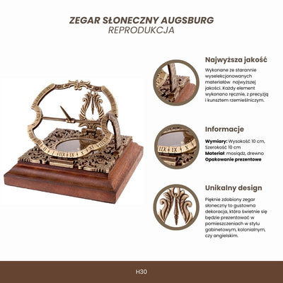Messing-Sonnenuhr Habsburg H30 mit personalisierbarer Gravur, ideal als Geschenk, im eleganten Augsburger Stil, Höhe 10 cm, auf Holzsockel