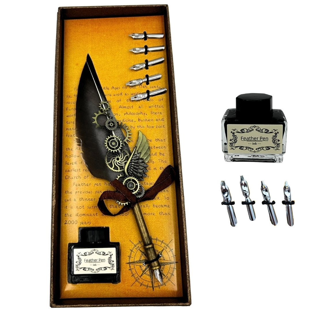 Elegantes Retro Kalligraphie-Set mit grauer Gänsefeder, 6 Federn, 15ml Tinte und Gravur-Personalisierung  