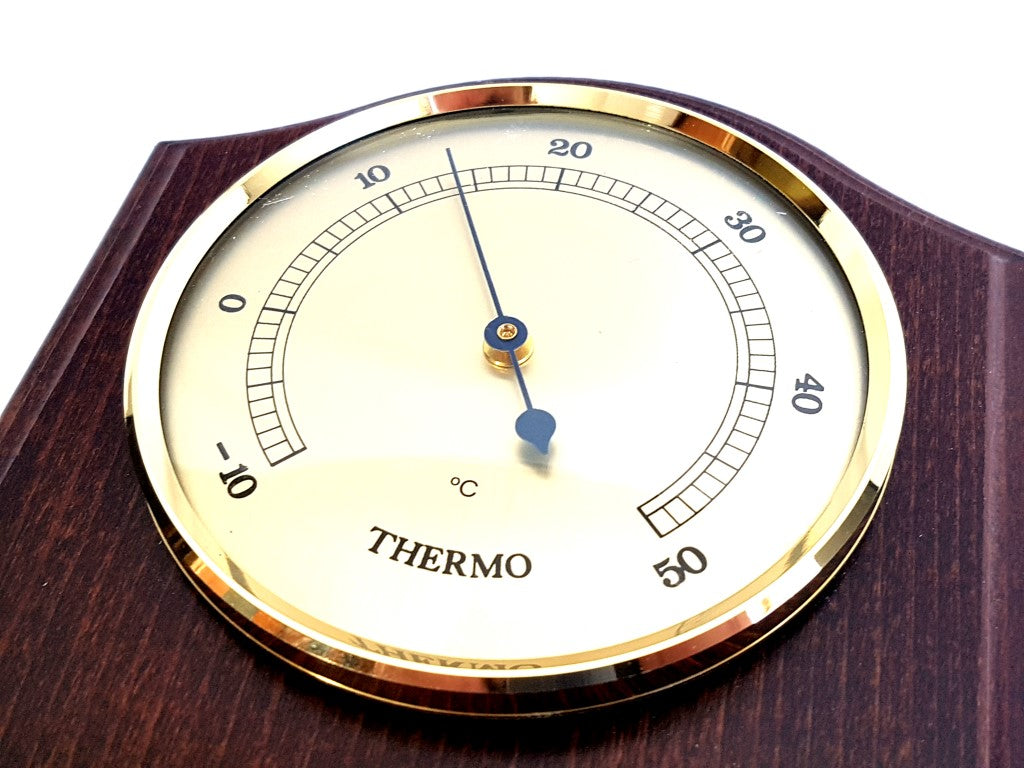 Wetterstation Fischer 9176-22 mit Barometer, Hygrometer und Thermometer in einem Messingrahmen auf Mahagonibasis mit Option zur personalisierten Gravur