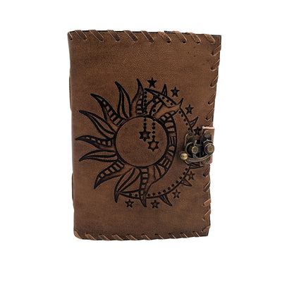 Retro Leder-Notizbuch Sonne und Mond 200 Seiten mit Personalisierung durch Gravur, beige-braun, ideal als Geschenk für Künstler oder Liebhaber der Magie des Alltags