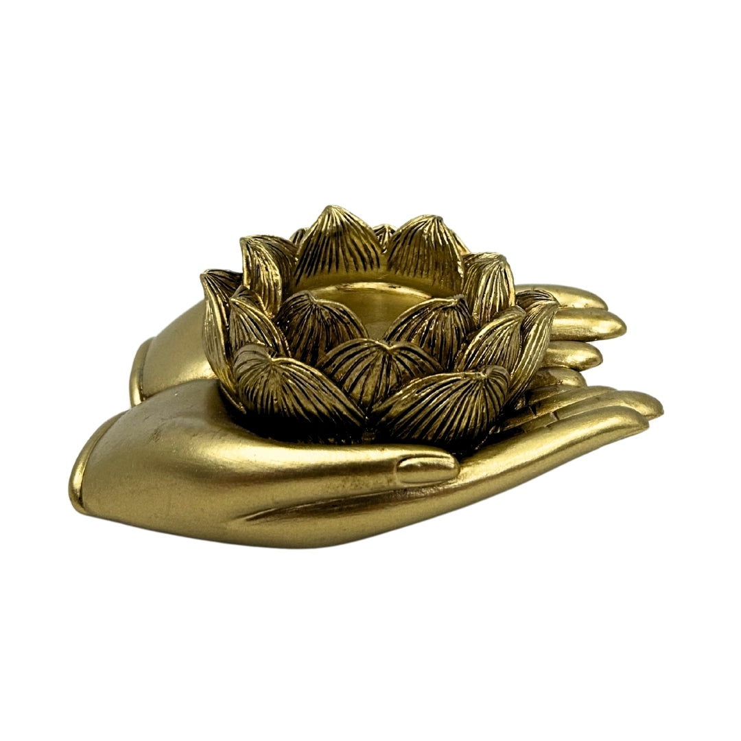 Goldener Glamour-Teelichthalter mit personalisierbarer Gravur – elegantes Deko-Element 11,5 x 9,4 x 4,8 cm aus Polyresin  