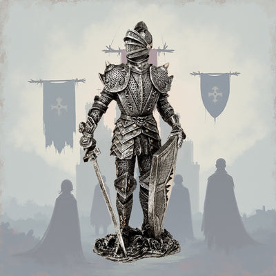 Dekorative Figur Ritter in silberner Rüstung 30 cm mit Gravur-Personalisierung – Elegantes Geschenk für Geschichts- und Fantasy-Liebhaber, handbemalt aus Polyresin  