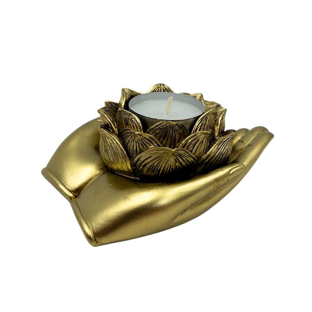 Goldener Glamour-Teelichthalter mit personalisierbarer Gravur – elegantes Deko-Element 11,5 x 9,4 x 4,8 cm aus Polyresin  