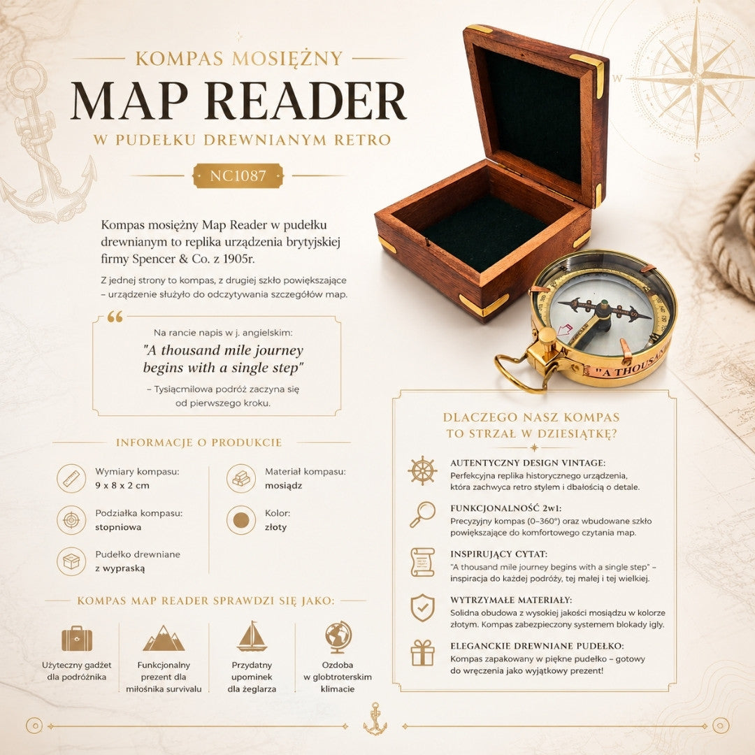 Messing-Kompass Map Reader mit Gravur in Retro-Holzkiste