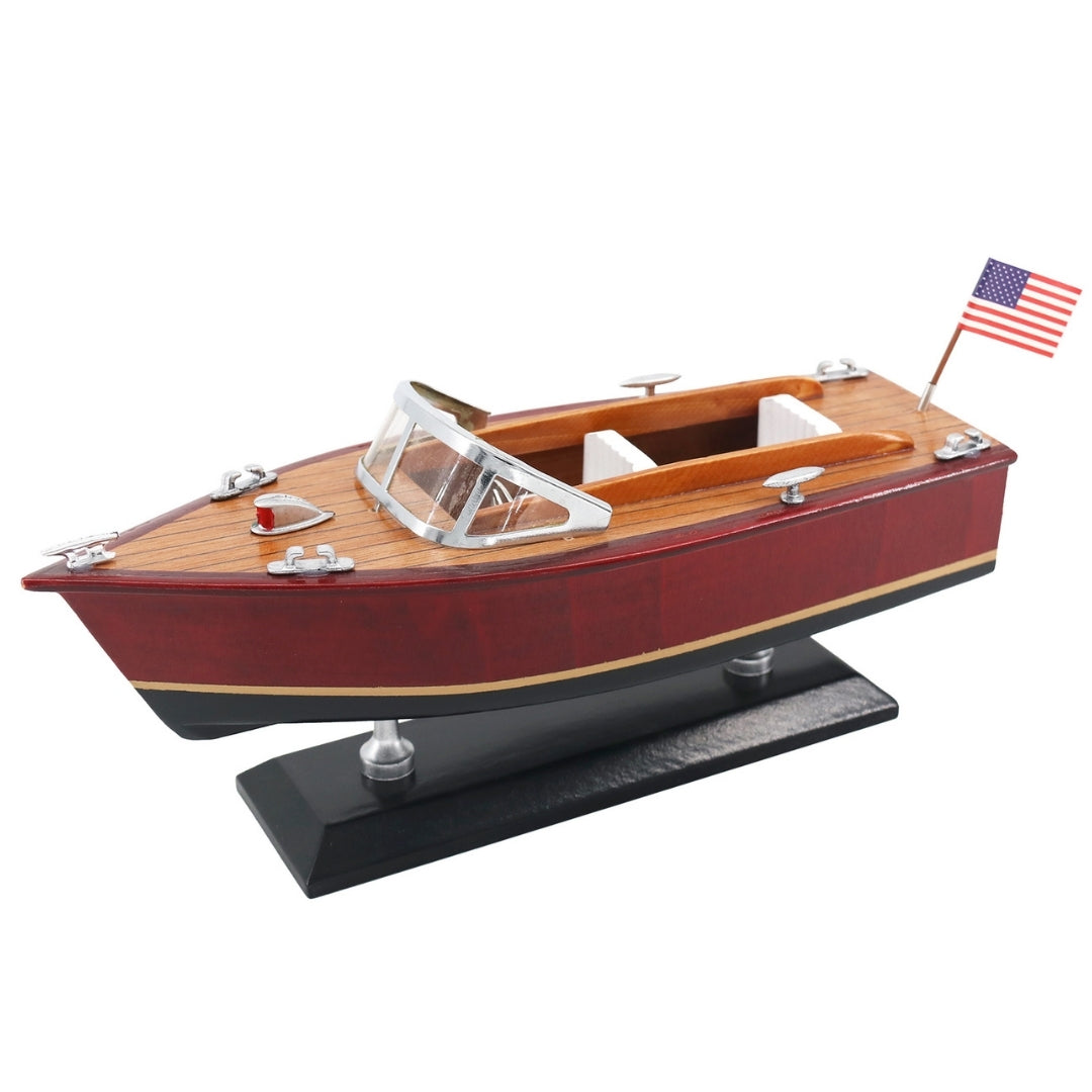 Modell eines Holz-Motorboots mit Gravur – klassisches Motorboot 26 cm in tiefen Holztönen