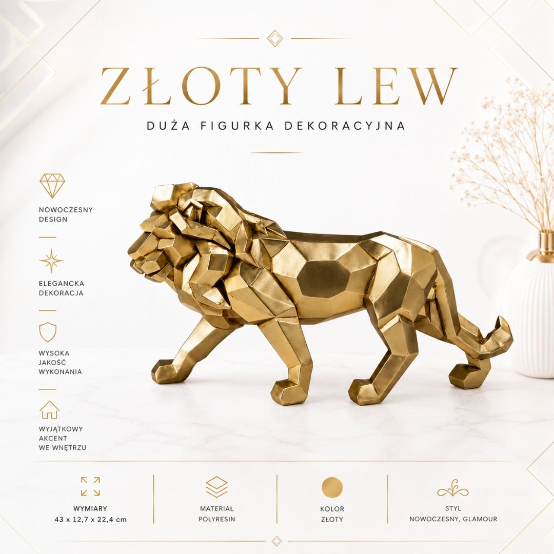 Große goldene Löwenfigur 43 cm mit der Möglichkeit einer personalisierten Gravur - elegante Dekoration als Geschenk, hochwertige Polyresin, moderner Glamour-Stil
