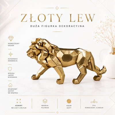 Große goldene Löwenfigur 43 cm mit der Möglichkeit einer personalisierten Gravur - elegante Dekoration als Geschenk, hochwertige Polyresin, moderner Glamour-Stil