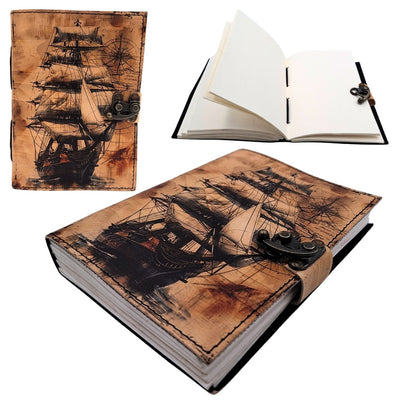 Maritimes Retro Leder-Notizbuch Segelschiff mit Gravur