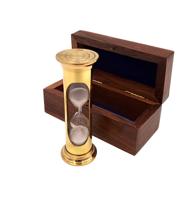 Sanduhr ROUND STP99 in einer Holzkiste mit personalisierbarer Gravur, messingfarben, goldglänzend, 3 Minuten, perfektes Geschenk für RPG-Fans und Guinness-Rekordhalter
