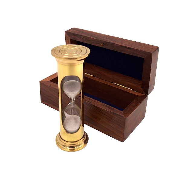 Sanduhr ROUND STP99 in einer Holzkiste mit personalisierbarer Gravur, messingfarben, goldglänzend, 3 Minuten, perfektes Geschenk für RPG-Fans und Guinness-Rekordhalter