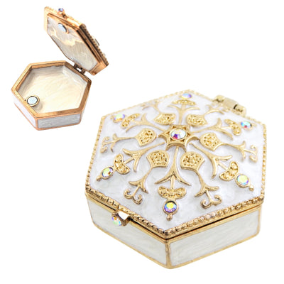 Elegante Metall-Geschenkbox mit Kristallen B0035-08WH, Weiß-Gold, personalisierbare Gravur, ideal für Schmuck und Kleinigkeiten, 5x5x2 cm  
