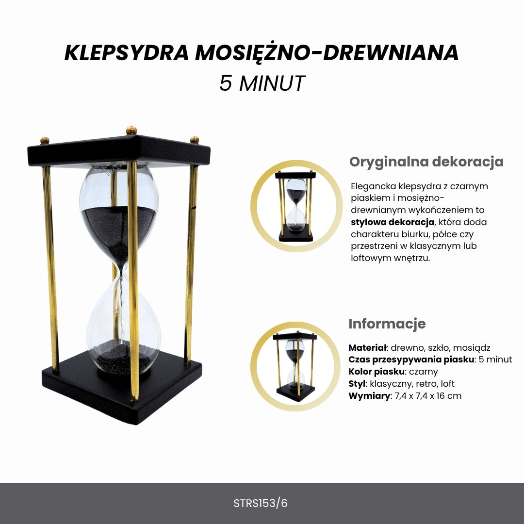 Messing-Holz-Sanduhr 5 Minuten mit schwarzem Sand und personalisierbarer Gravur – elegante Retro-Dekoration als Geschenk, Höhe 16 cm