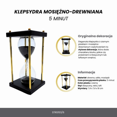 Messing-Holz-Sanduhr 5 Minuten mit schwarzem Sand und personalisierbarer Gravur – elegante Retro-Dekoration als Geschenk, Höhe 16 cm